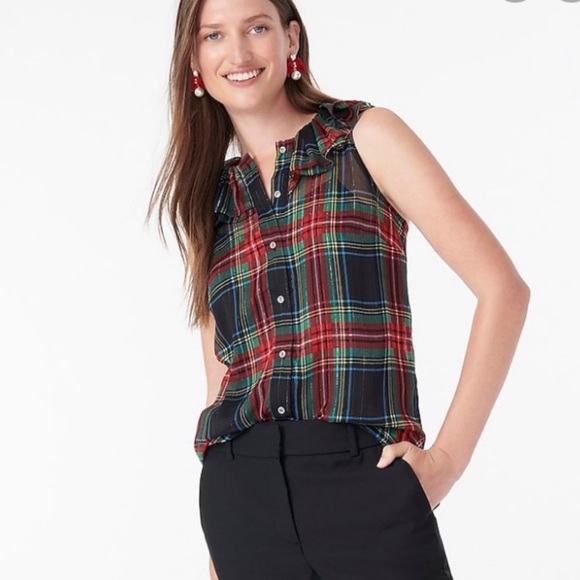 J Crew Ruffle-collar Top Black Red Plaid Blouse S - Picture 2 of 5